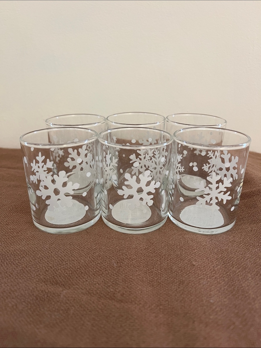 Set of 6 Snowflake Holiday Votives - Clear with White Snowflake Design